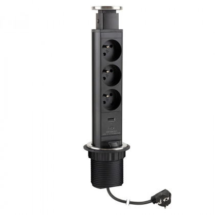 StrongPower Elektrická zásuvka vyťahovacia, 3x 230V, 1x USB A/C, čierna, FR