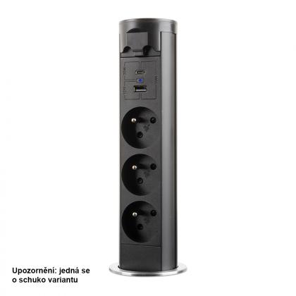 StrongPower elektricky výsuvná zásuvka 3x 230V Schuko, USB A+C, čierna
