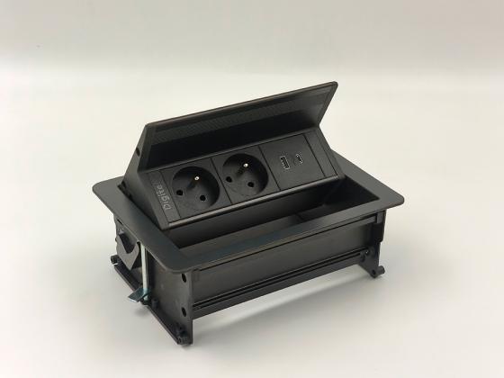 StrongPower elektrická zásuvka FlipUpPush, USB, 2x Francúzska, čierna