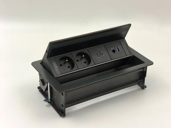 StrongPower elektrická zásuvka FlipUpPush, USB, RJ45, HDMI, FR, čierna