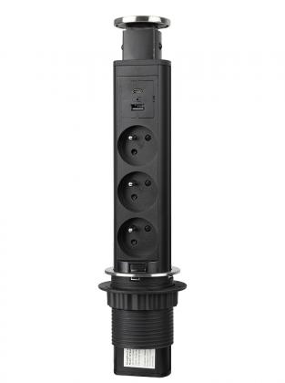 StrongPower elektrická zásuvka vyťahovacia, 3x 230 V Francúzska, USB A+C, čierna