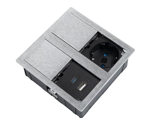 VersaHit Dual elektrická zásuvka 1x 230V Schuko, USB A/C 5V brúsený hliník