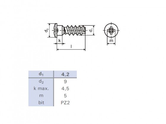 Euroskrutka 6,3x16/9 pologuľatá hlava 9mm PZ2 zinok biely