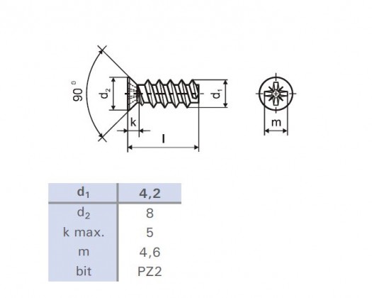 Euroskrutka 6,3x19/8 zápustná hlava 8mm PZ2 zinok biely