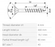 SPAX skrutka 8x300/80 zápustná hlava TXS,W,4C MH, čiastočný závit