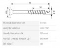 SPAX skrutka 8x340/80 tanierová hlava TXS, W, 4C, čiastočný závit