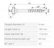 SPAX skrutka 6x160/65 zápustná hlava TXS,W,4C MH, čiastočný závit