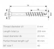 SPAX skrutka 8x200/80 tanierová hlava TXS, W, 4C, nerez A2, čiastočný závit