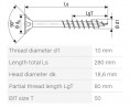SPAX skrutka 10x280/80 zápustná hlava TXS,W,4C MH, čiastočný závit