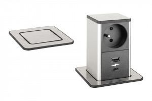 STRONG PowerUp zásuvka, 1x230V, USB A/C nabíjanie, Nerez, Fr