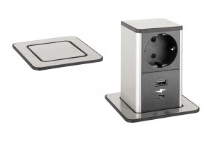STRONG PowerUp zásuvka, 1x230V, USB A/C nabíjanie, Nerez, Schuko