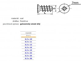 Euroskrutka 6,3x25/7 zápustná hlava 7mm PZ2 zinok biely